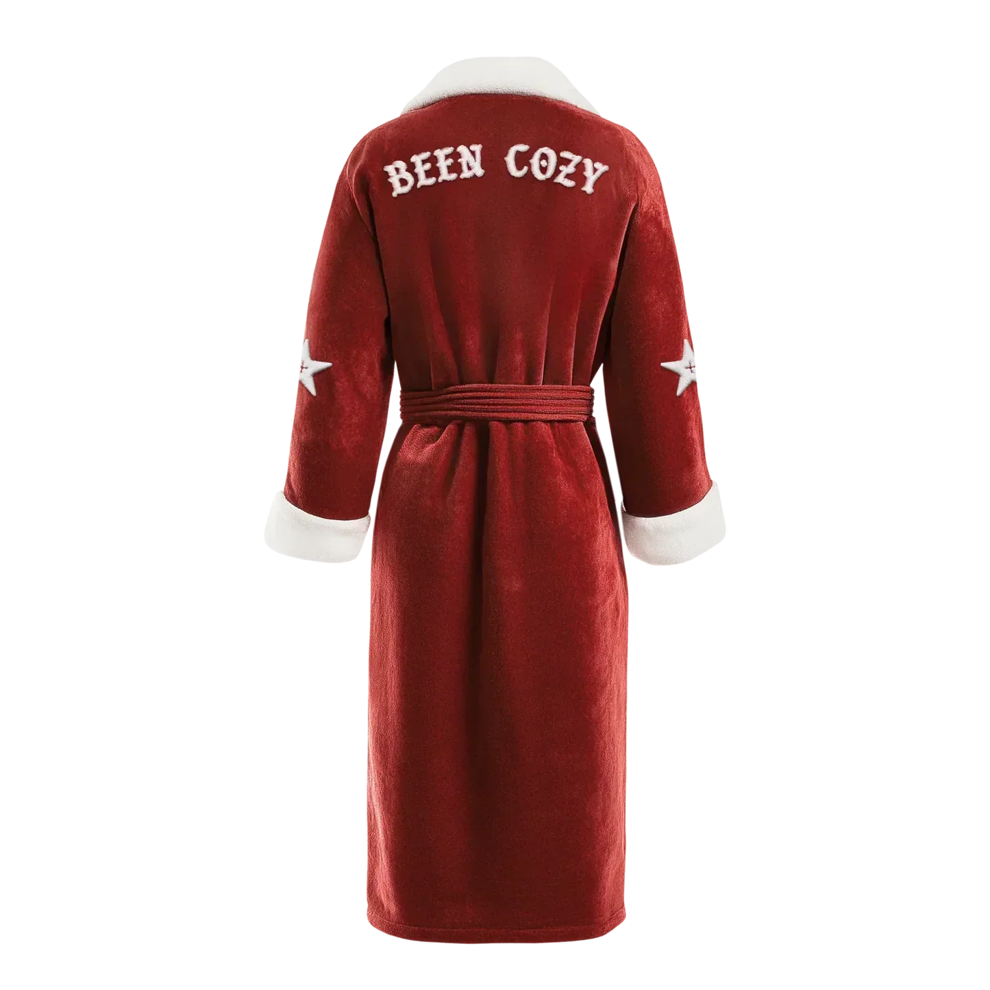 Red cozy robe back with white “Been Cozy” text embroidery and star sleeve accents