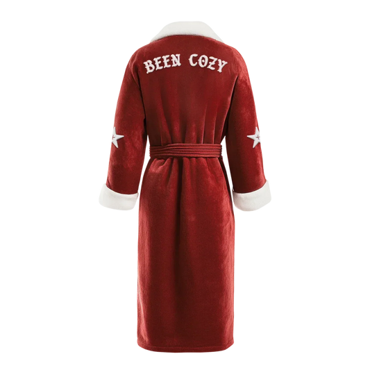 Red cozy robe back with white “Been Cozy” text embroidery and star sleeve accents