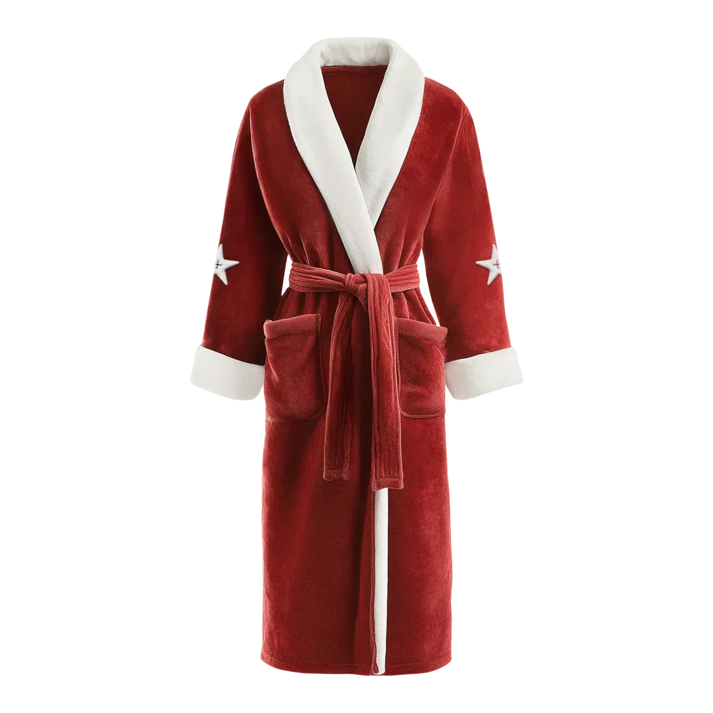 Red plush robe alternate front view with white trim shawl collar belt tie and front pockets