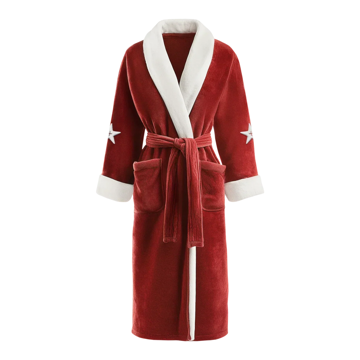 Red plush robe front with white trim shawl collar tie belt and star sleeve details