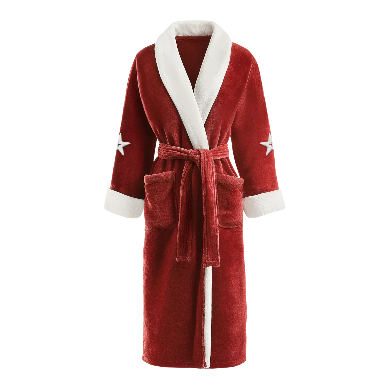 Red plush robe front with white trim shawl collar tie belt and star sleeve details