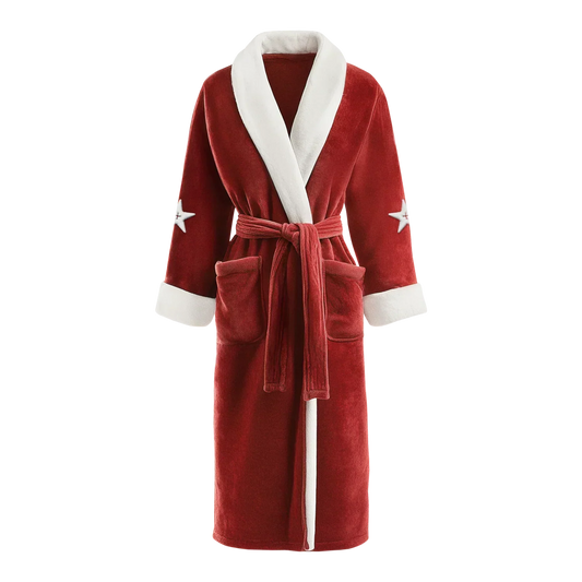 Red plush robe front with white trim shawl collar tie belt and star sleeve details