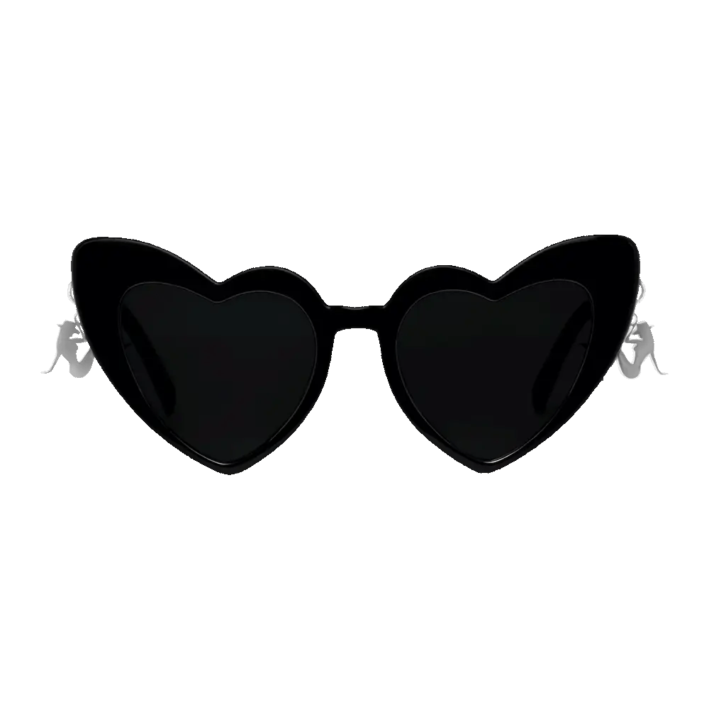 Black heart shaped sunglasses with glossy frames and dark tinted lenses