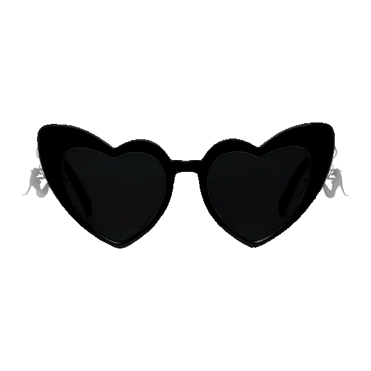 Black heart shaped sunglasses with glossy frames and dark tinted lenses