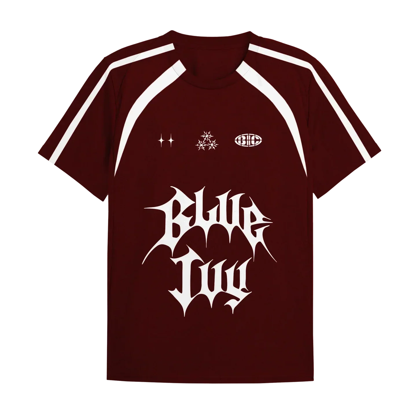 Red jersey back with matching white graphic logo and athletic design