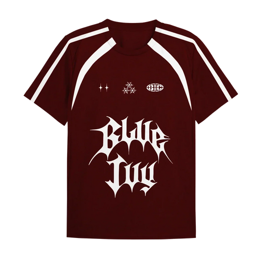 Red jersey back with matching white graphic logo and athletic design