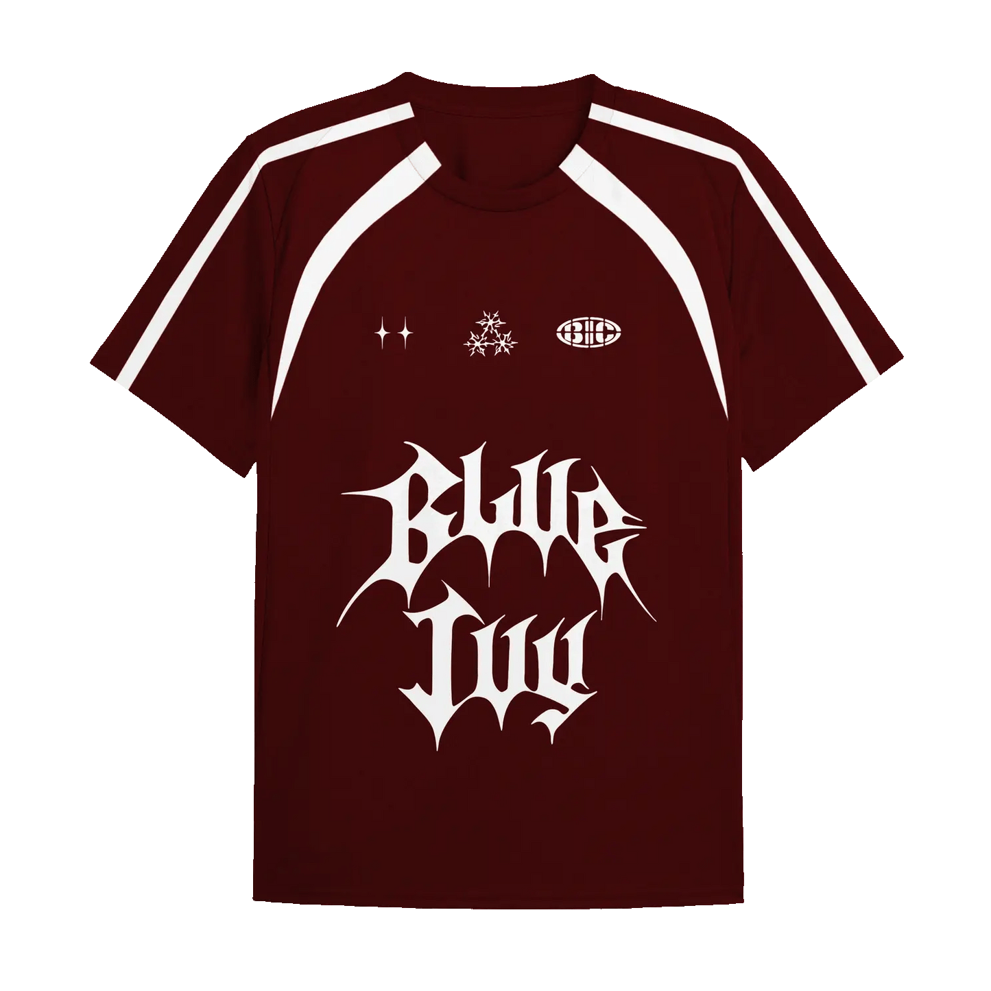 Red jersey front with white graphic logo and sporty stripe detailing