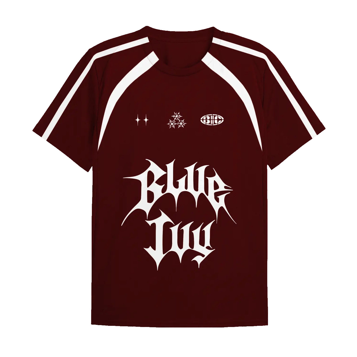Red jersey front with white graphic logo and sporty stripe detailing