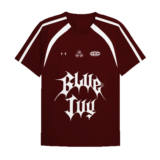 Red jersey front with white graphic logo and sporty stripe detailing