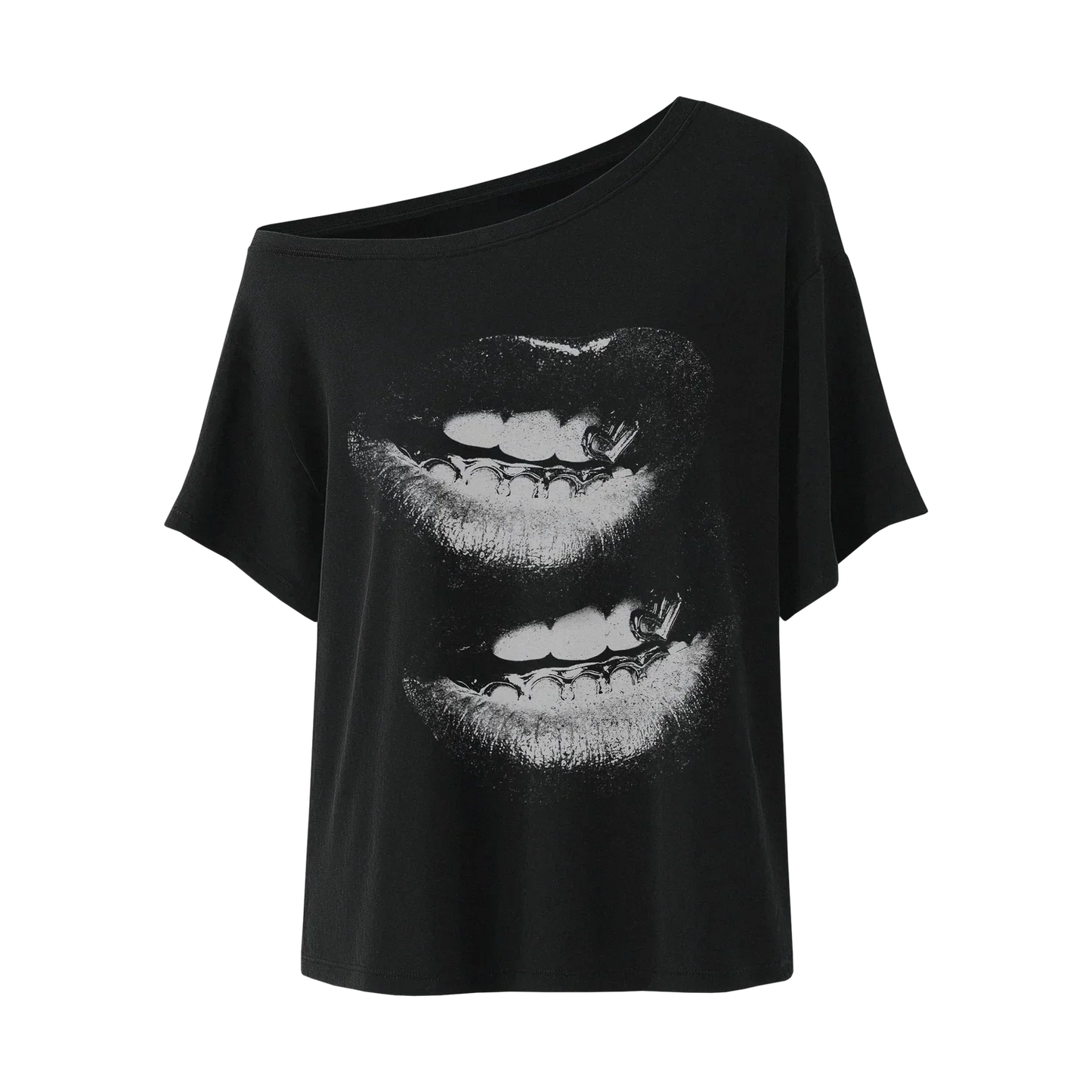 Black off shoulder top featuring bold double lips graphic with metallic grill detail
