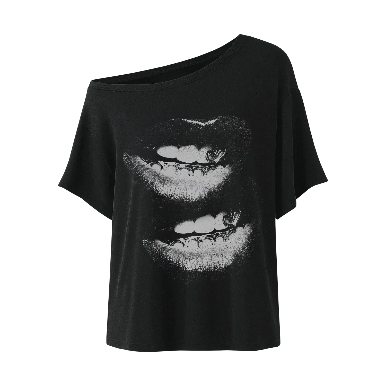 Black off shoulder top featuring bold double lips graphic with metallic grill detail