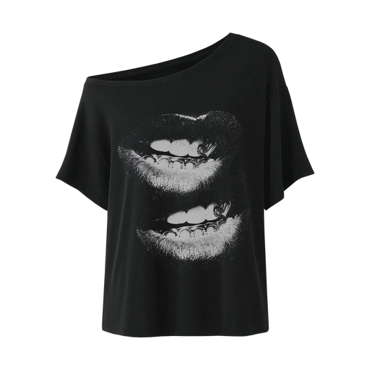Black off shoulder top featuring bold double lips graphic with metallic grill detail