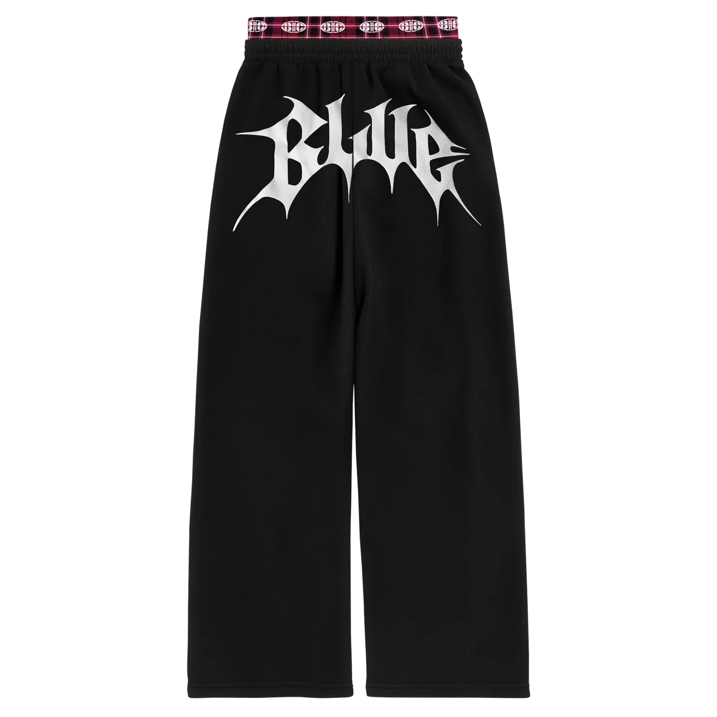 Black sweatpants with bold white BIC logo graphic on back and red plaid waistband