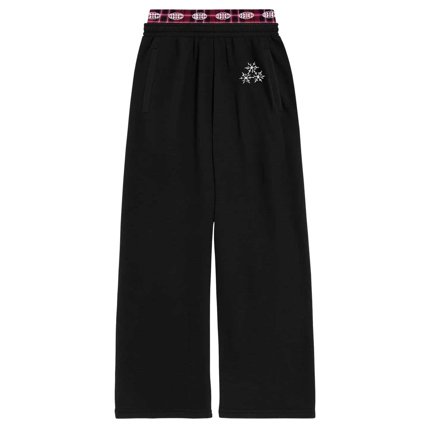 Black wide leg sweatpants with plaid waistband and minimal white emblem detail
