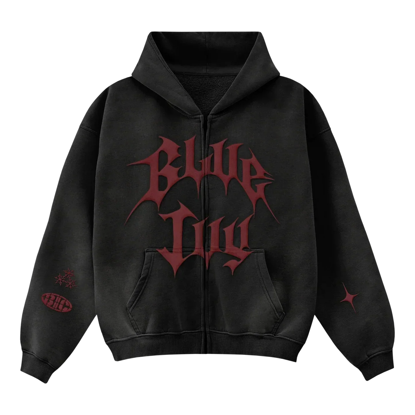 Black zip hoodie back with minimal plain design and subtle sleeve star graphic