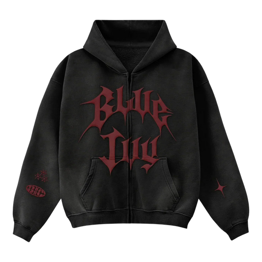 Black zip hoodie back with minimal plain design and subtle sleeve star graphic
