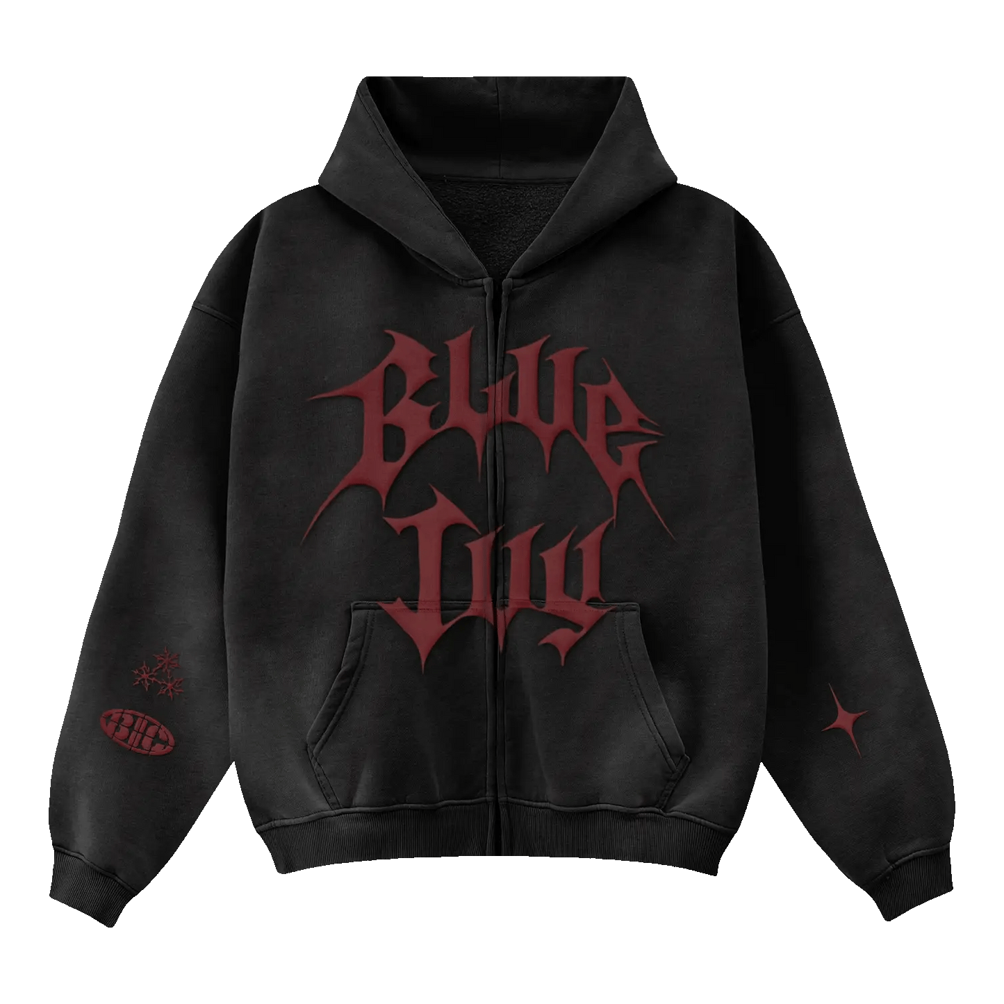 Black zip hoodie front with bold red Blue Ivy gothic logo graphic and sleeve prints