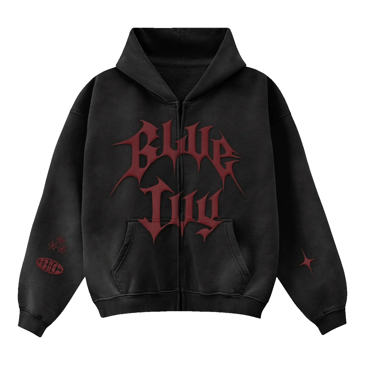 Black zip hoodie front with bold red Blue Ivy gothic logo graphic and sleeve prints