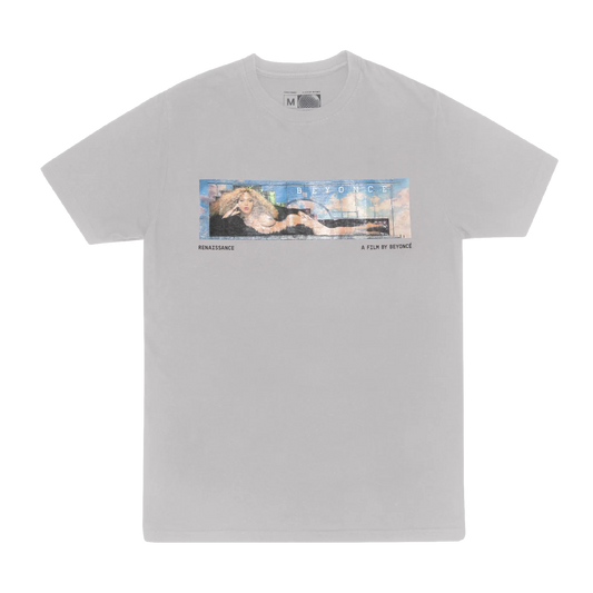 Grey t-shirt front featuring renaissance billboard style Beyoncé graphic with cinematic film text design