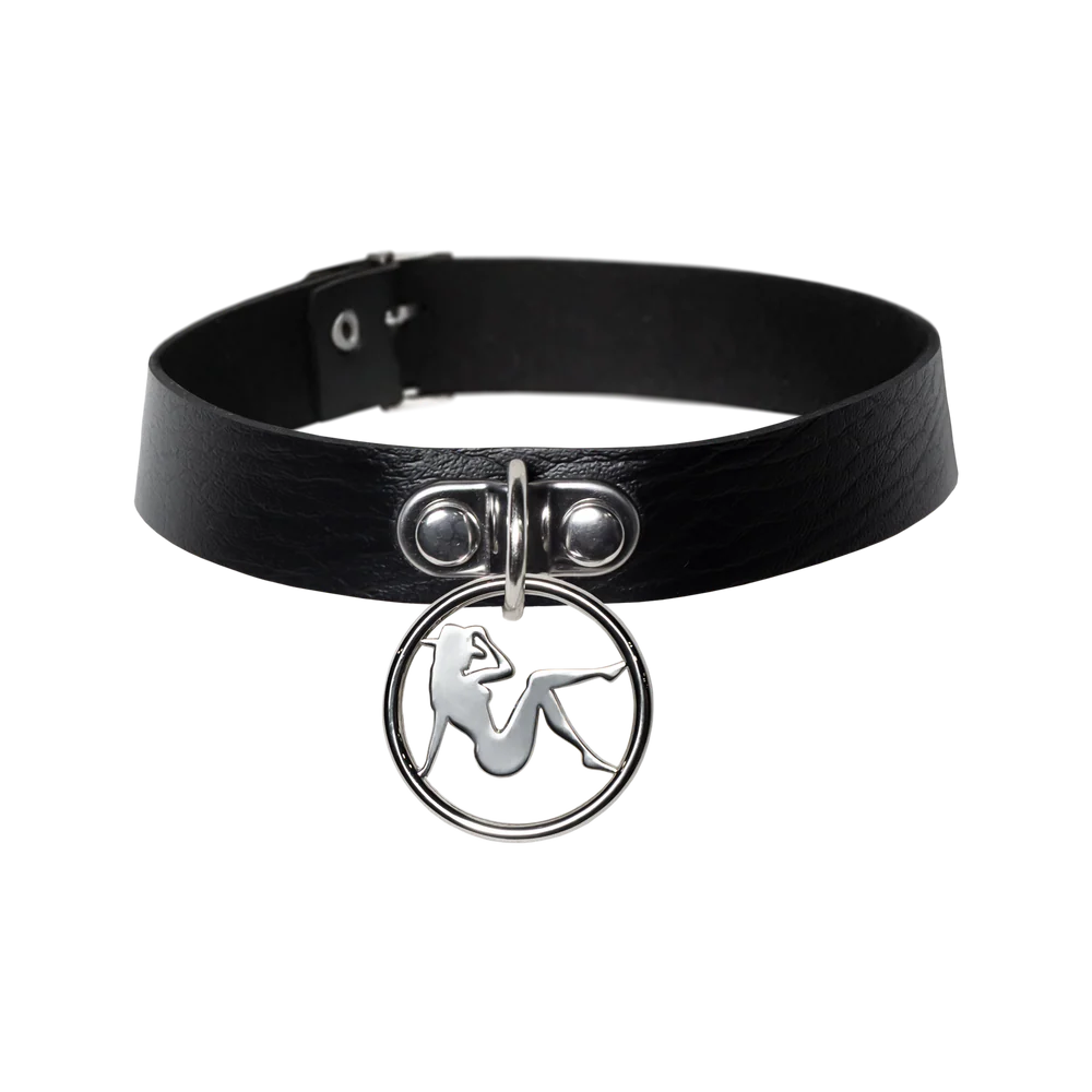 Black leather choker with silver hardware and Beyoncé silhouette pendant