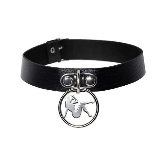 Black leather choker with silver hardware and Beyoncé silhouette pendant