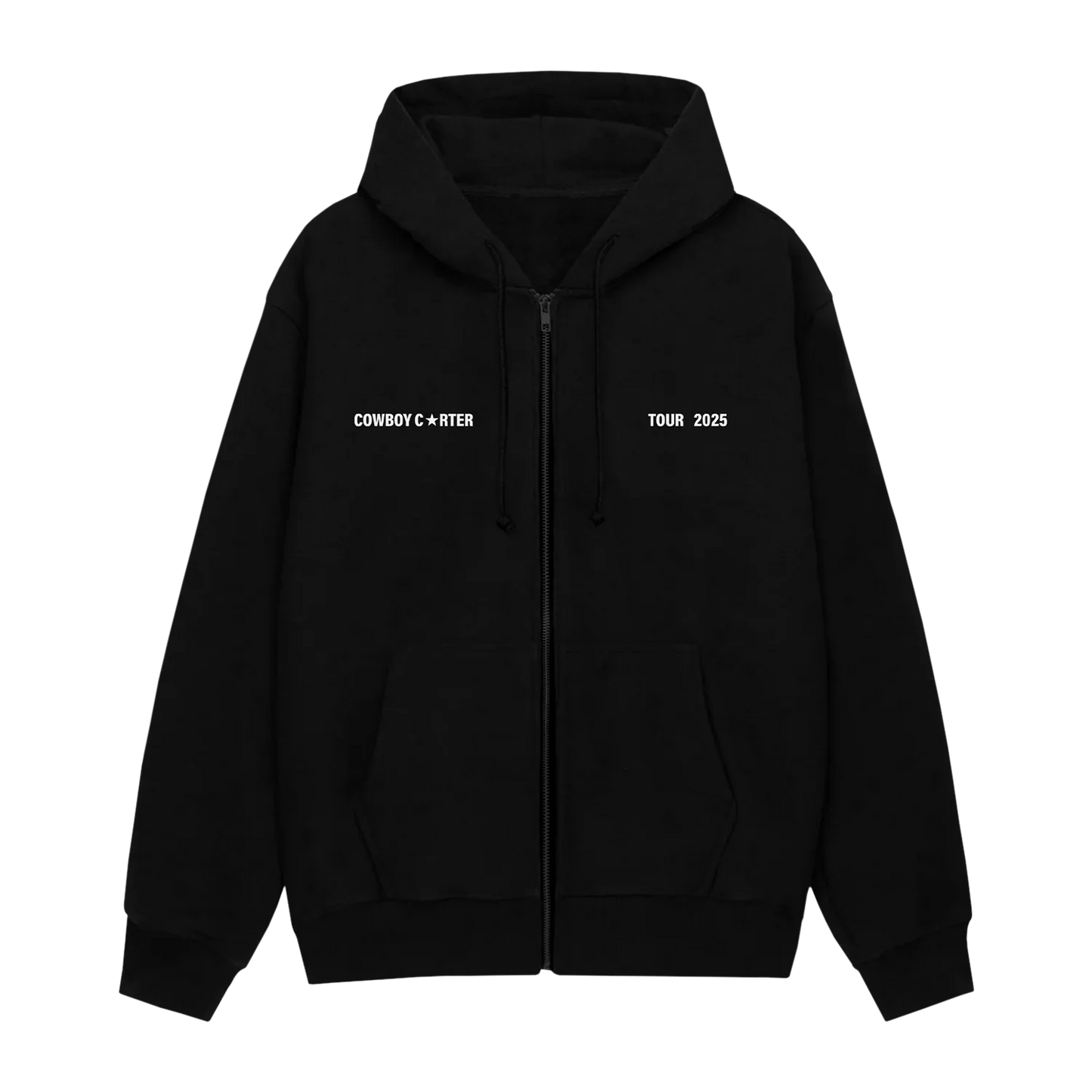 Black zip hoodie front with Cowboy Carter and Tour 2025 text in minimal white print