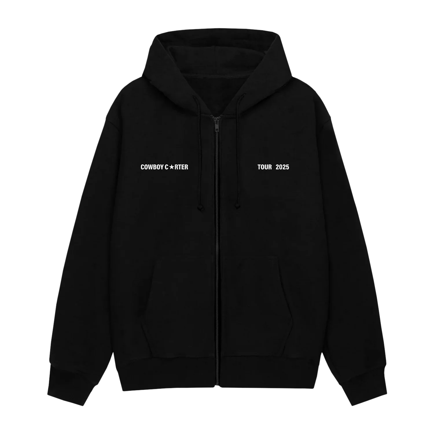 Black zip hoodie front with Cowboy Carter and Tour 2025 text in minimal white print
