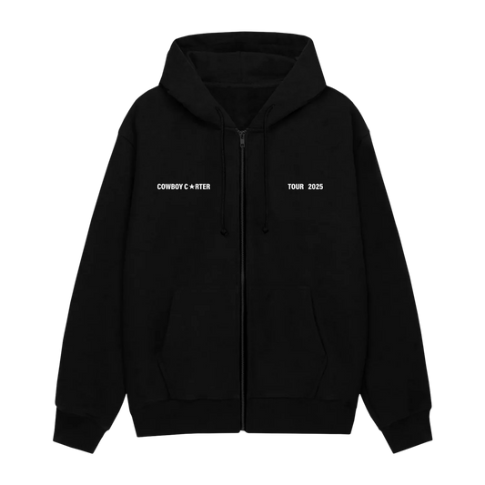 Black zip hoodie front with Cowboy Carter and Tour 2025 text in minimal white print