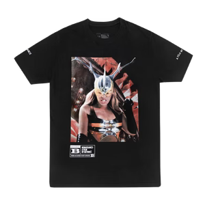 Black short sleeve t-shirt front with minimal red BZZZBITCH text graphic