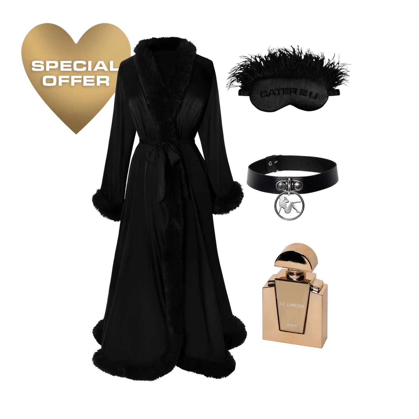 Luxury bundle featuring black fur trim robe, sleep mask, choker accessory, and gold CÉ Lumière fragrance