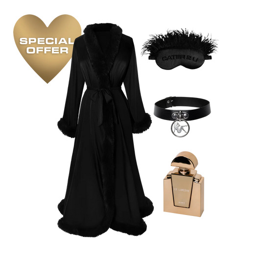 Luxury bundle featuring black fur trim robe, sleep mask, choker accessory, and gold CÉ Lumière fragrance