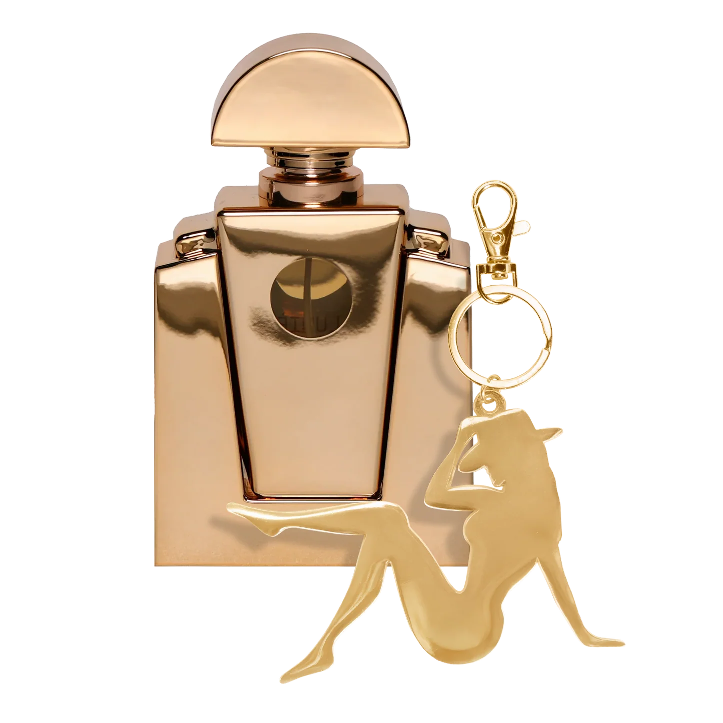 Gold Cé Lumière perfume bottle with attached Lady Bey charm keychain isolated on white background