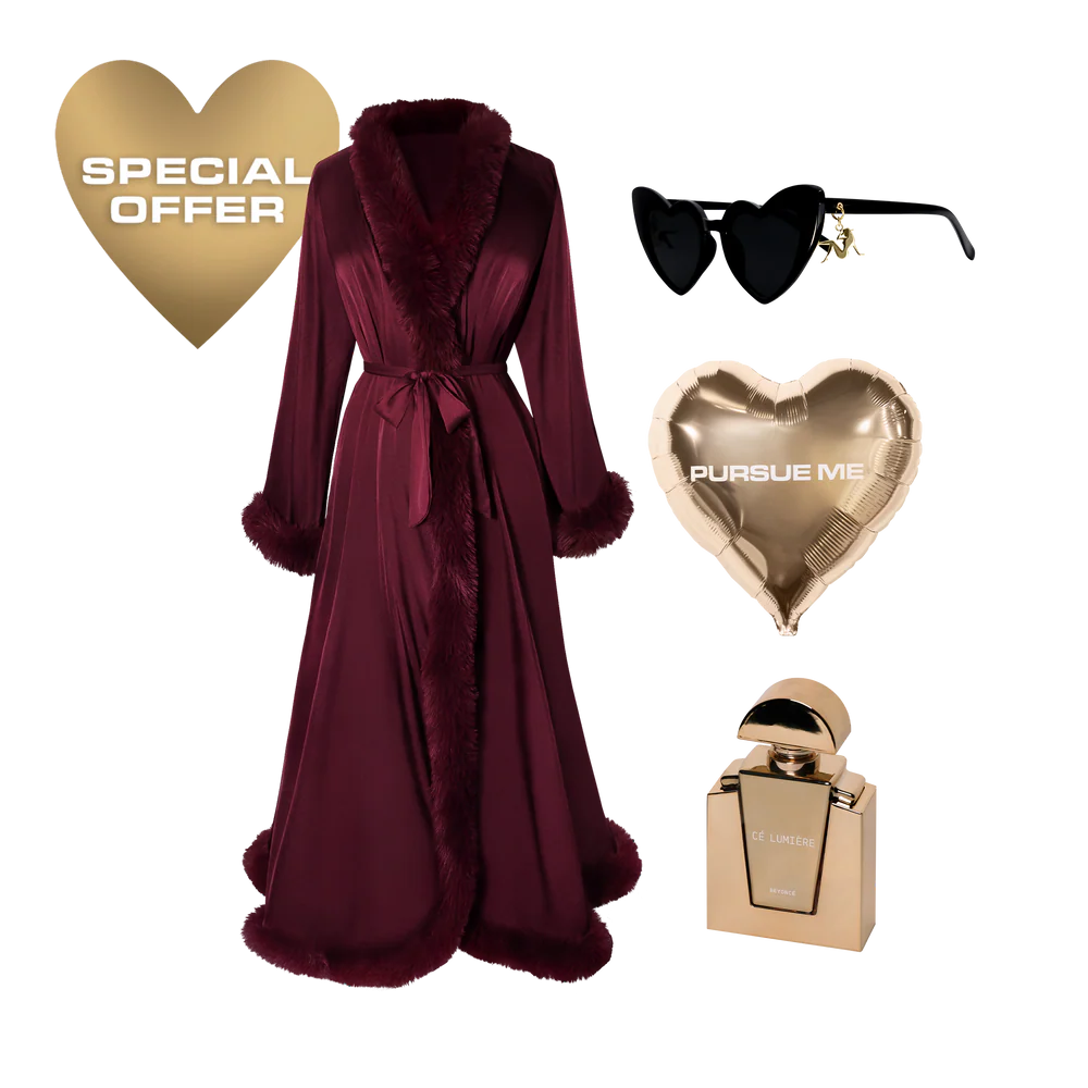Luxury bundle featuring burgundy fur trim robe, black heart sunglasses, gold fragrance bottle and accessories