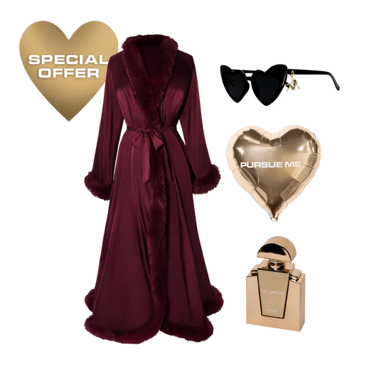 Luxury bundle featuring burgundy fur trim robe, black heart sunglasses, gold fragrance bottle and accessories