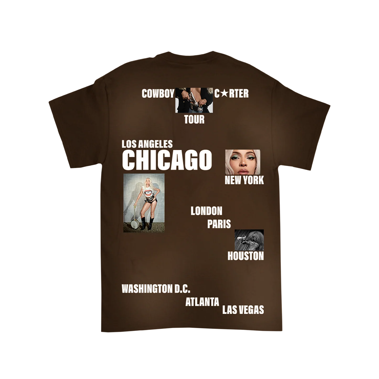 Brown t-shirt back with Cowboy Carter tour cities text and collage of Beyoncé images