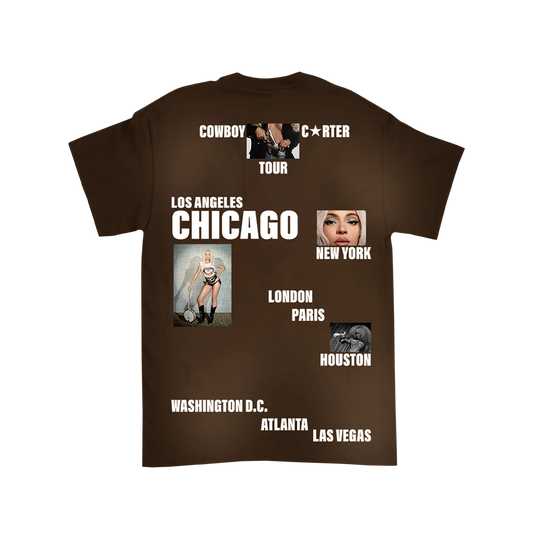 Brown t-shirt back with Cowboy Carter tour cities text and collage of Beyoncé images