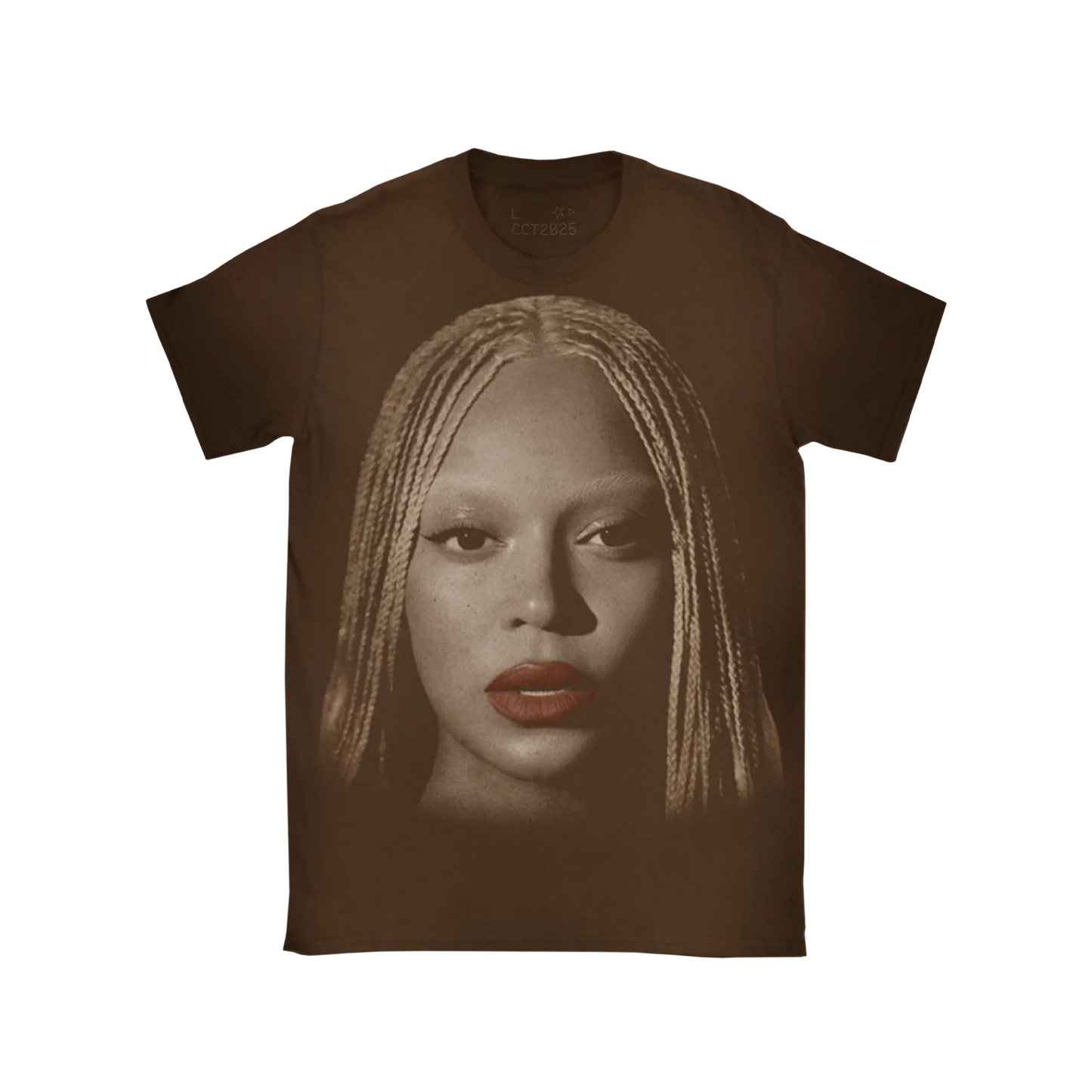 Brown t-shirt front with large Beyoncé portrait graphic and red lip detail