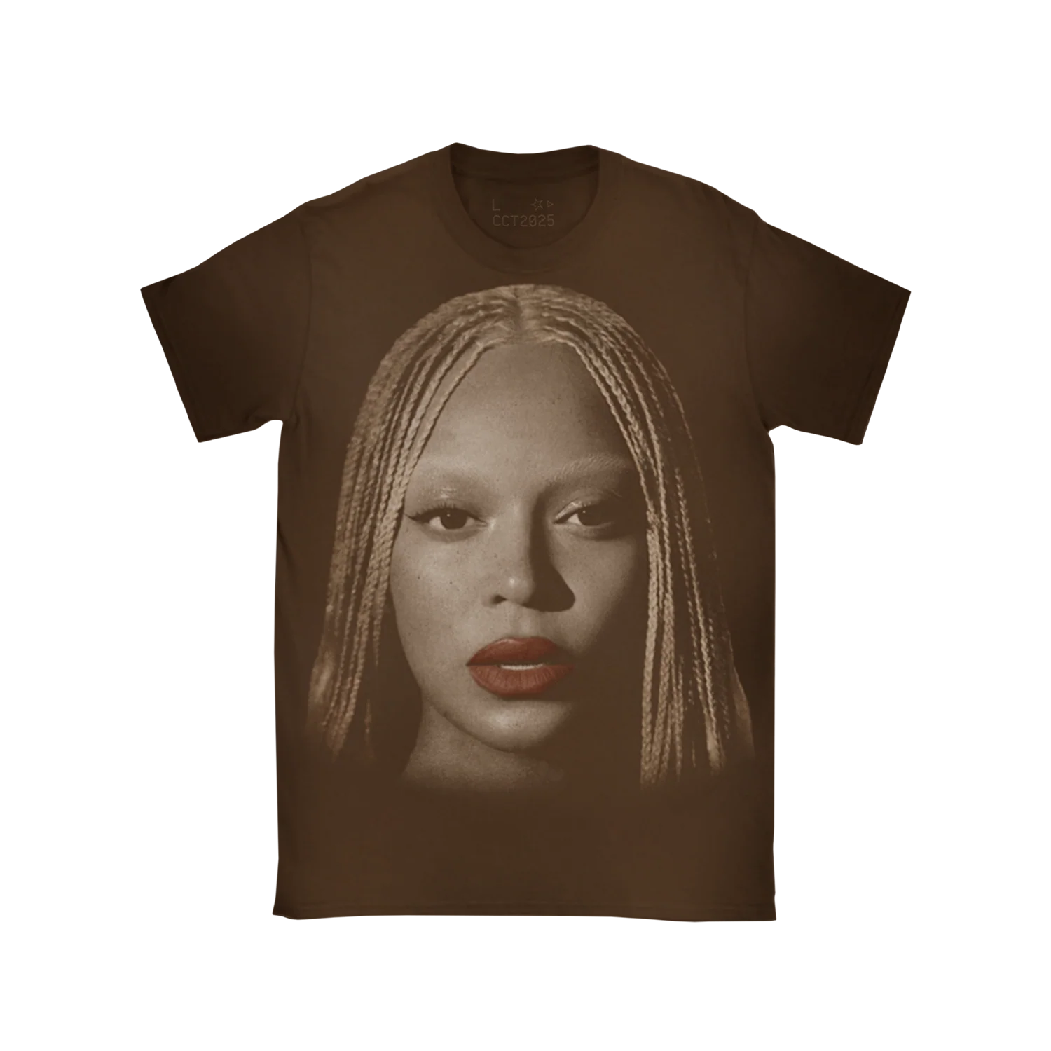 Brown t-shirt front with large Beyoncé portrait graphic and red lip detail