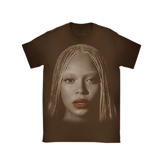 Brown t-shirt front with large Beyoncé portrait graphic and red lip detail