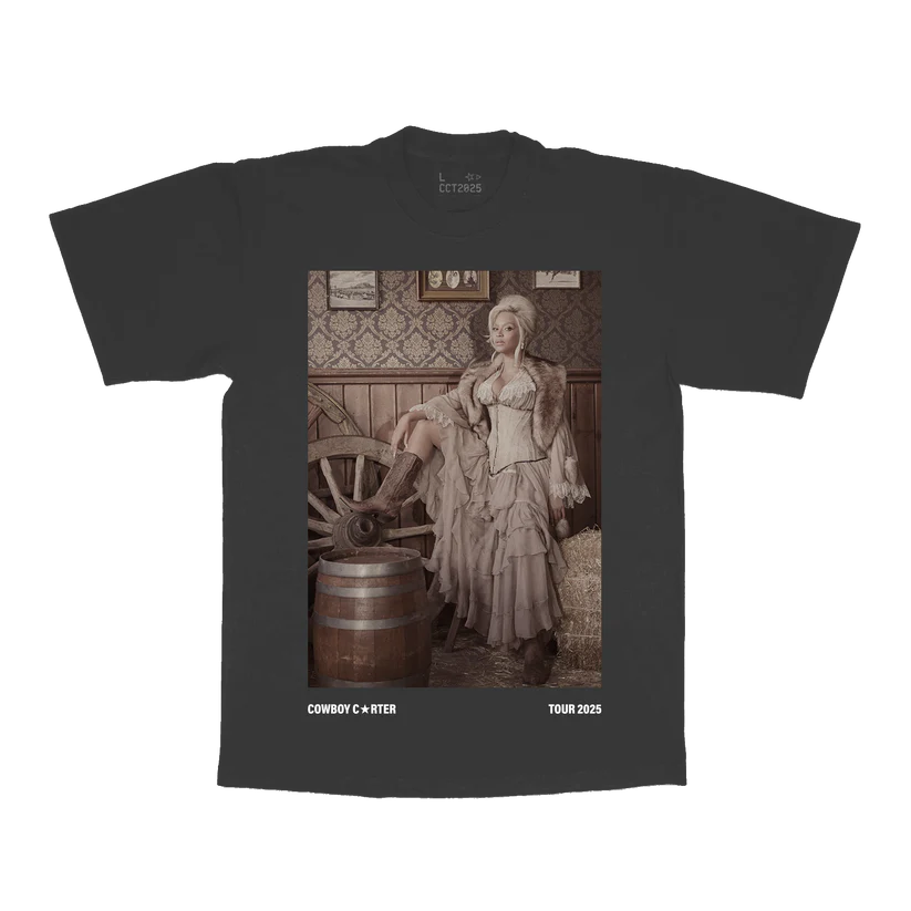 Grey t-shirt front featuring Cowboy Carter tour graphic with Beyoncé western portrait