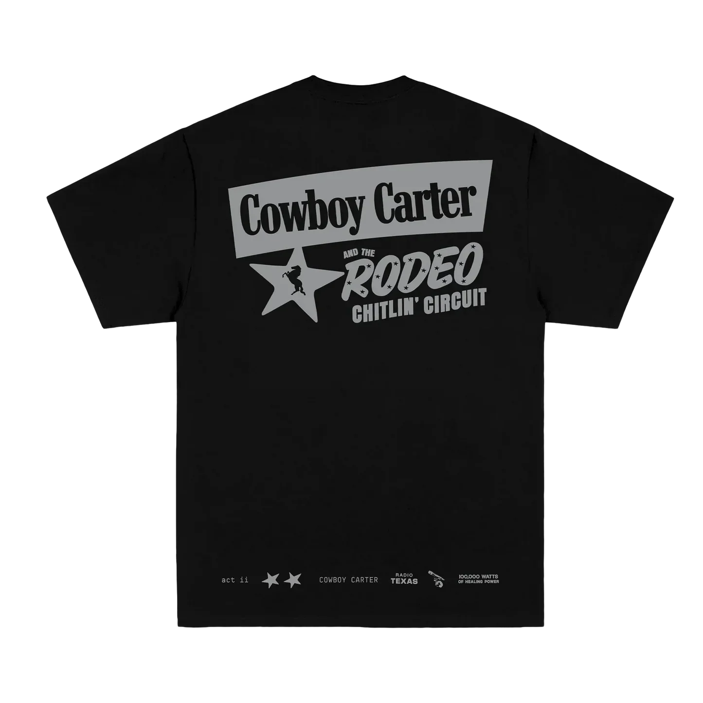 Black t-shirt back with “Cowboy Carter and the Rodeo Chitlin’ Circuit” graphic text and star design