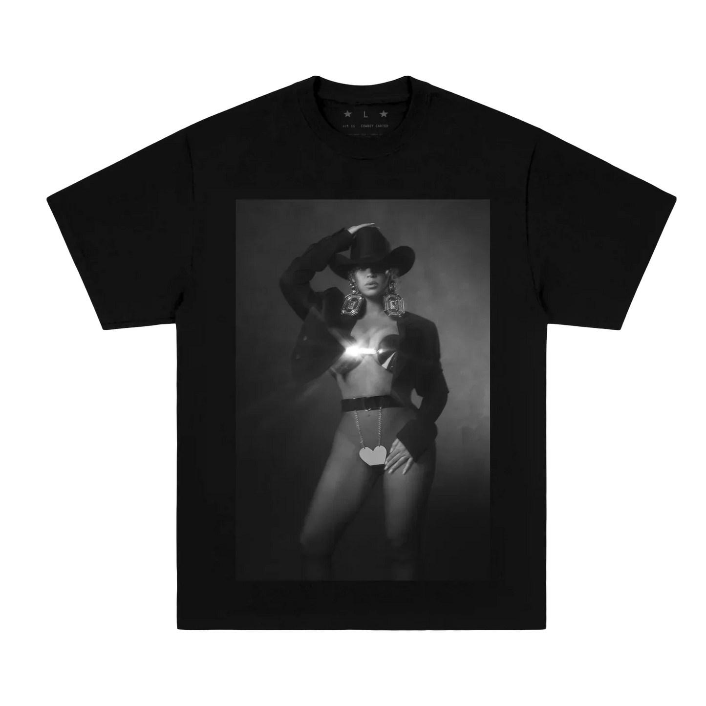 Black t-shirt featuring Beyoncé black and white portrait with cowboy hat graphic