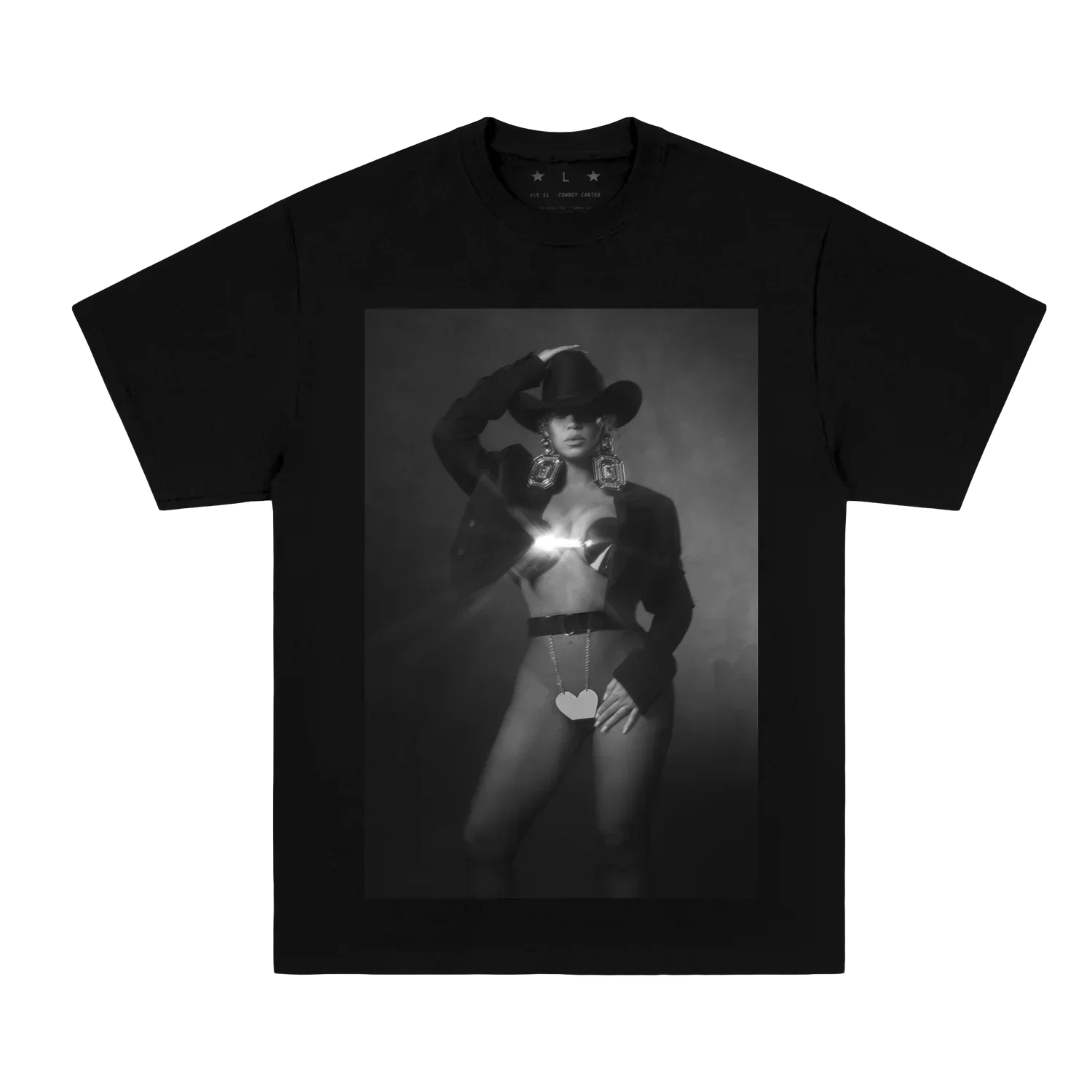 Black t-shirt featuring Beyoncé black and white portrait with cowboy hat graphic