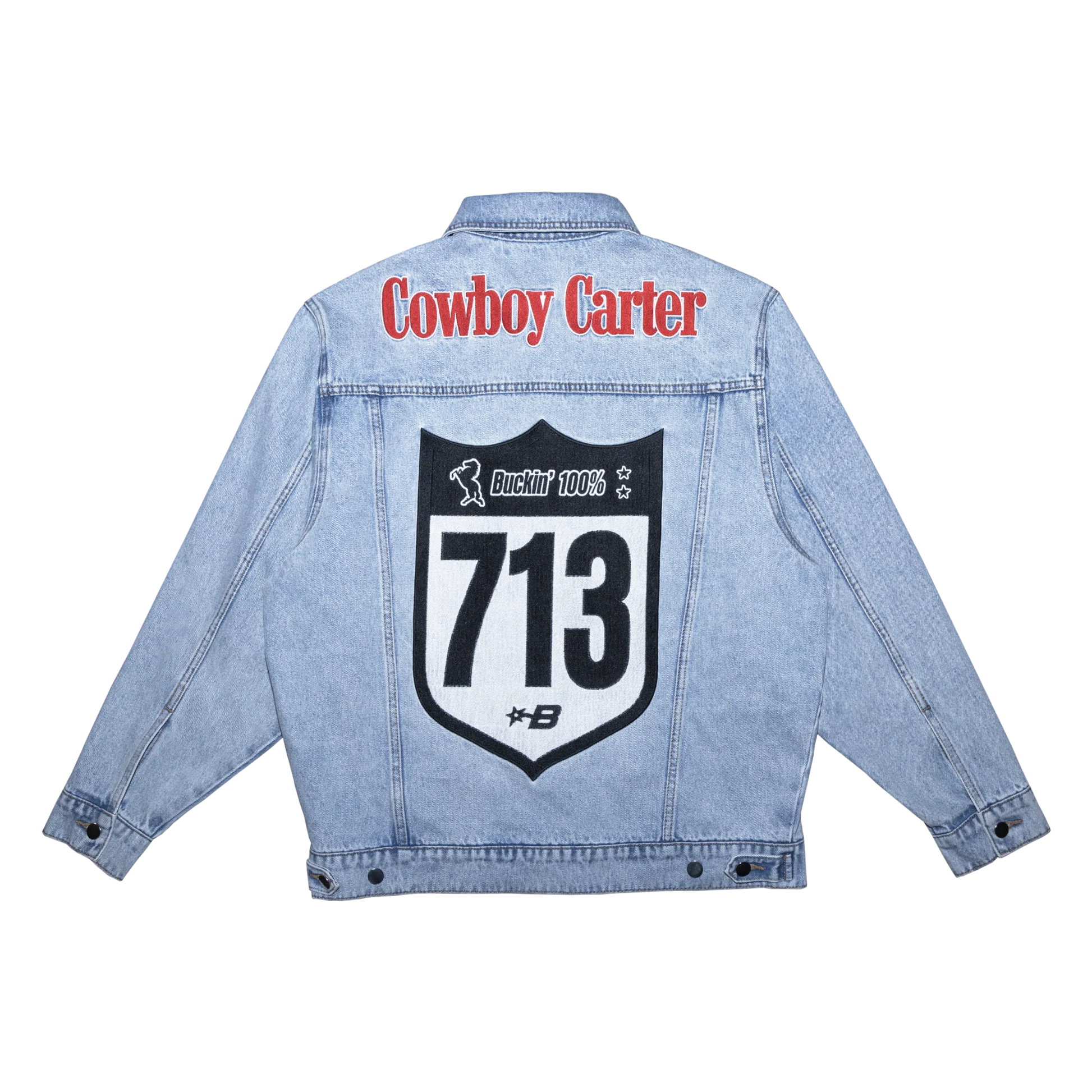 Light blue denim jacket with bold Cowboy Carter text and large 713 graphic patch on back