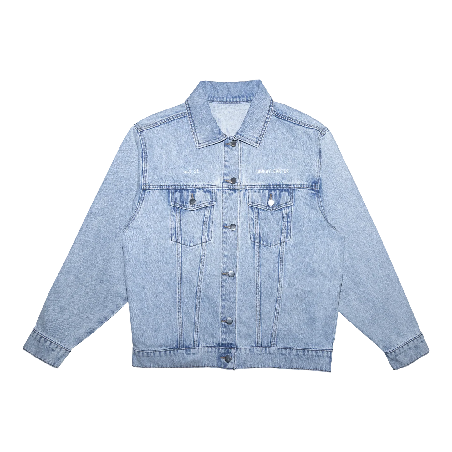 Light blue denim jacket with button front and subtle Beyoncé Cowboy Carter text on chest