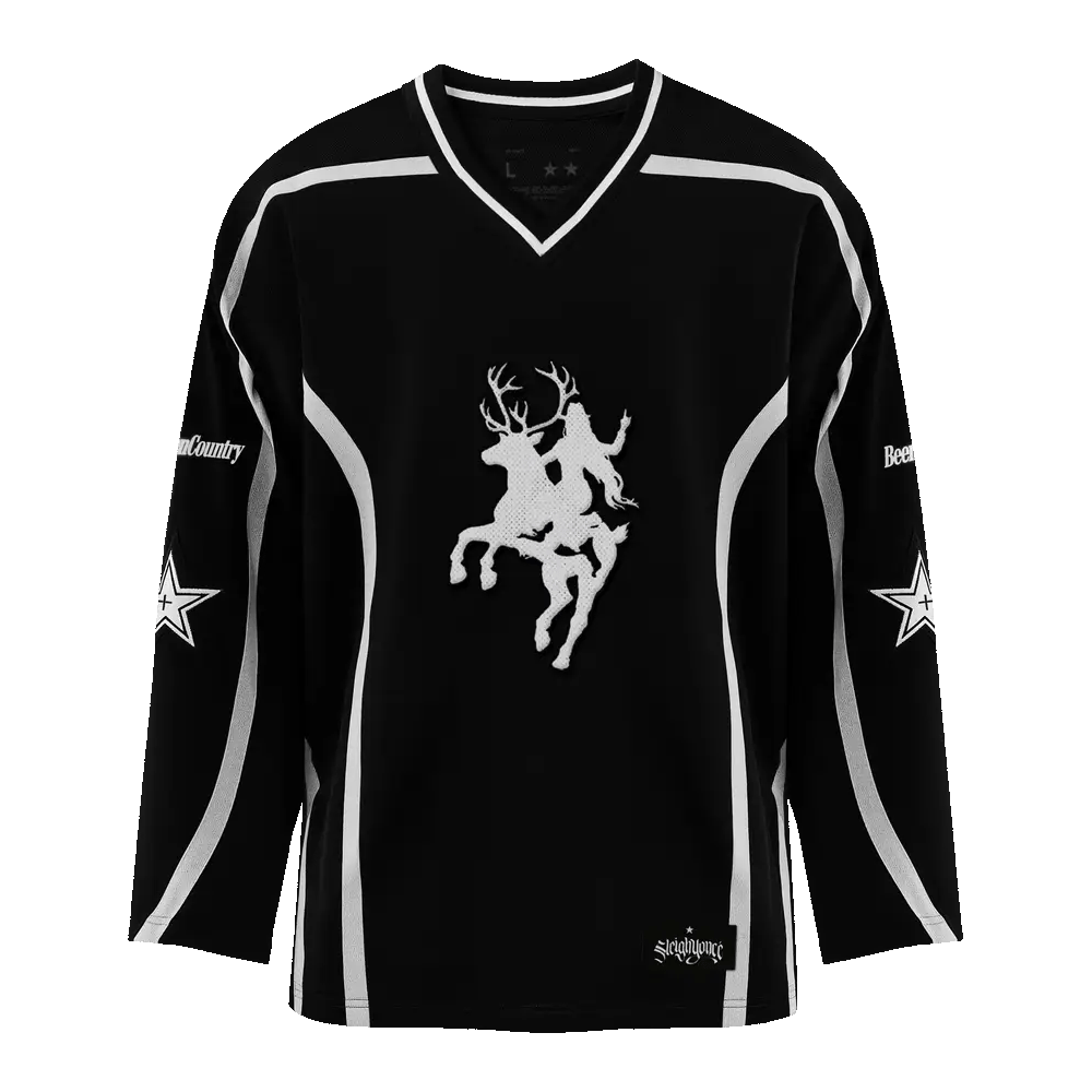 Black hockey jersey featuring white reindeer rider graphic with contrast stripe detailing