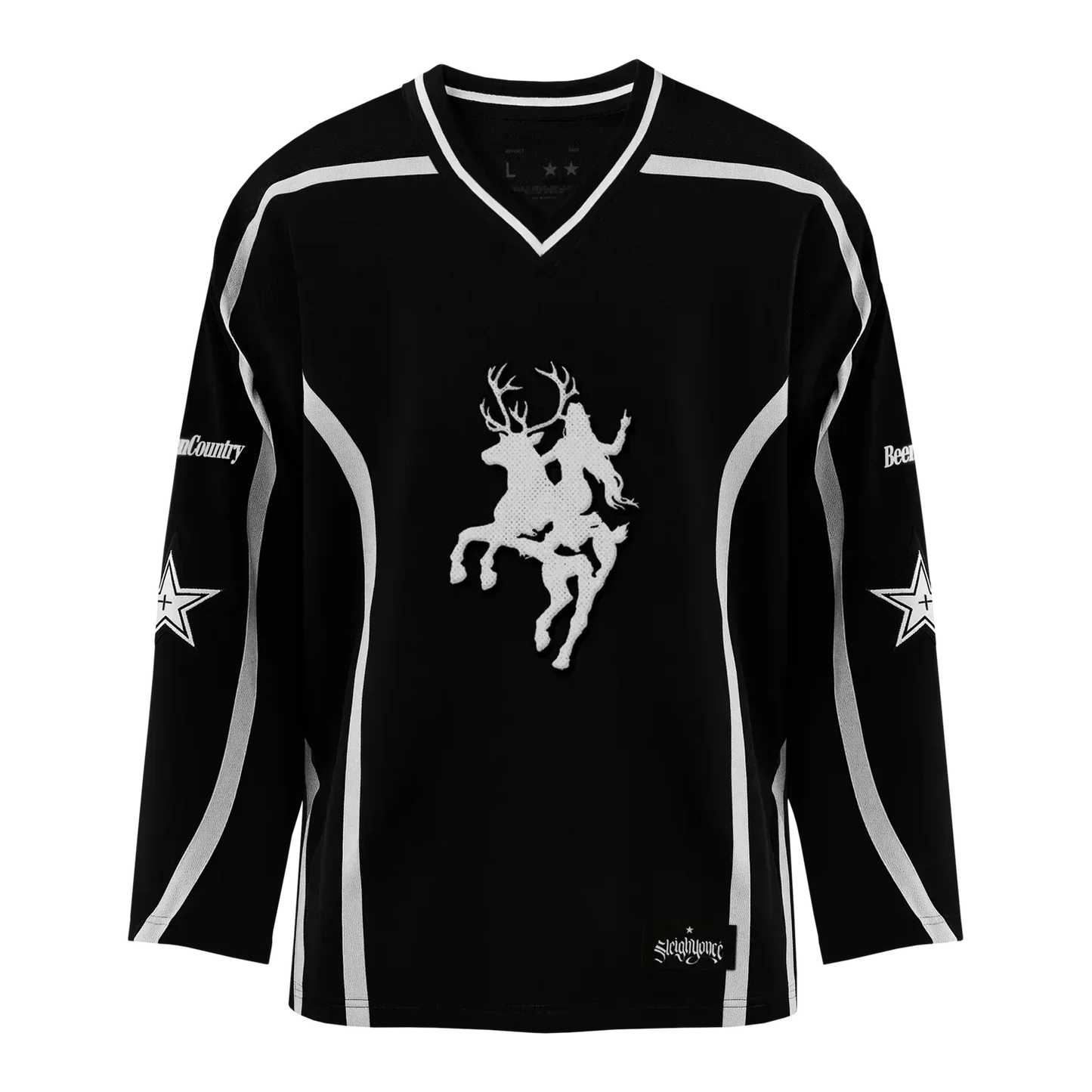 Black hockey jersey featuring white reindeer rider graphic with contrast stripe detailing