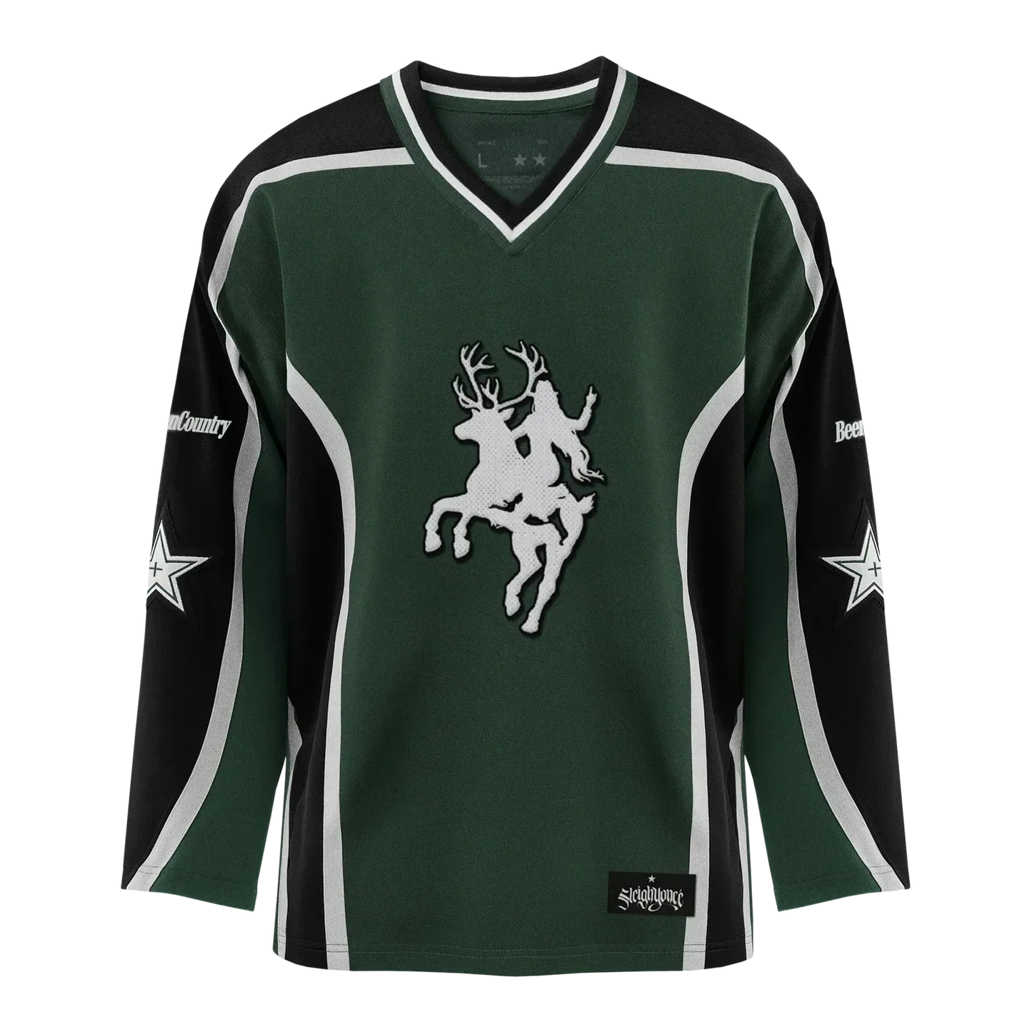 Green hockey jersey with black sleeves and white trim featuring Beyoncé cowboy horse emblem