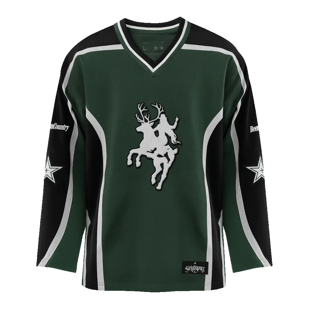 Green and black hockey jersey with white piping and horse graphic on chest