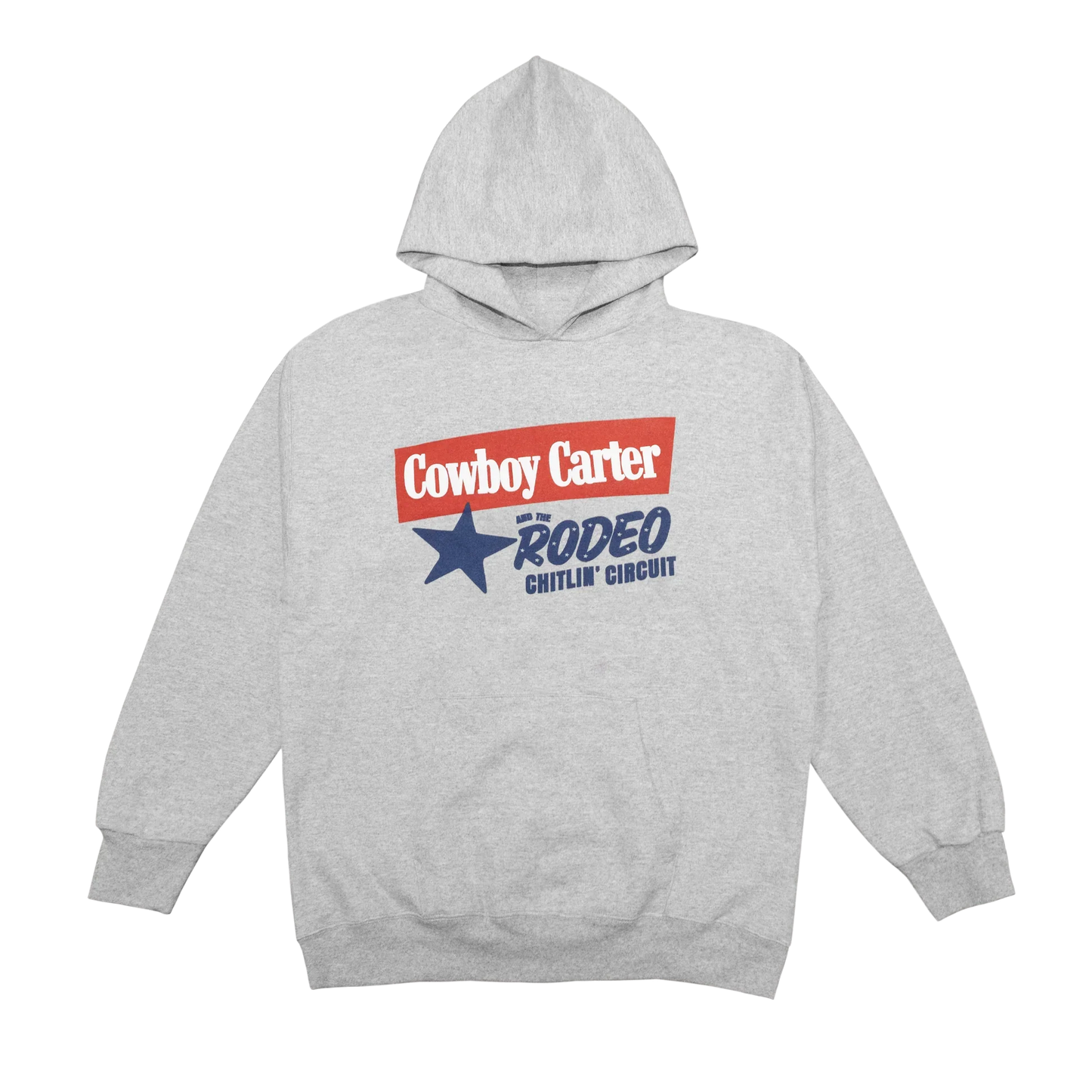 Grey hoodie front featuring Cowboy Carter rodeo graphic with red banner text and blue star design